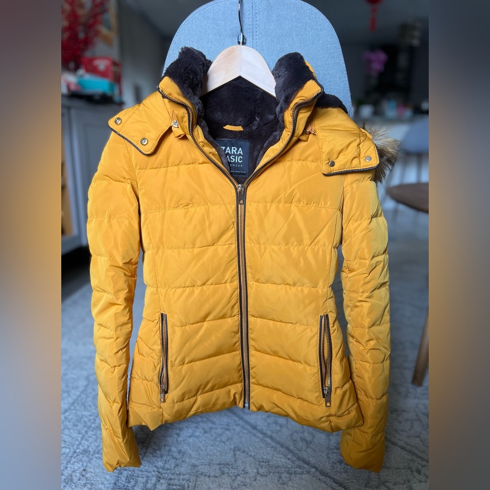 Zara Basic Brown Faux-Fur Lined Coat with Mustard Trim